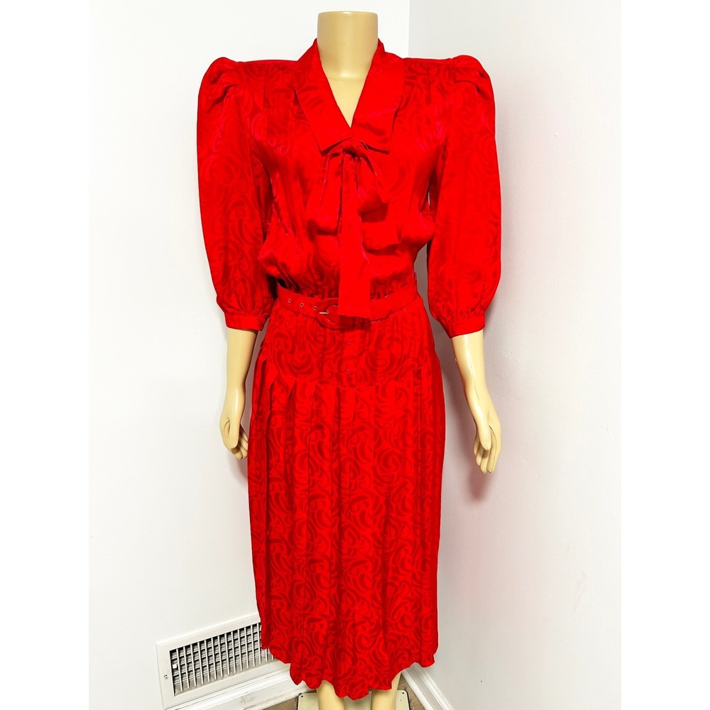 Argenti Vintage Red 100% Silk Jacquard Bow Belted Midi Dress Womens 6